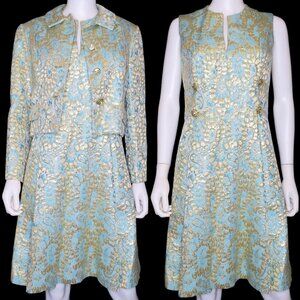 Vintage Saks Fifth Avenue 1960s Gold Ice Blue Brocade Dress Jacket Set Medium